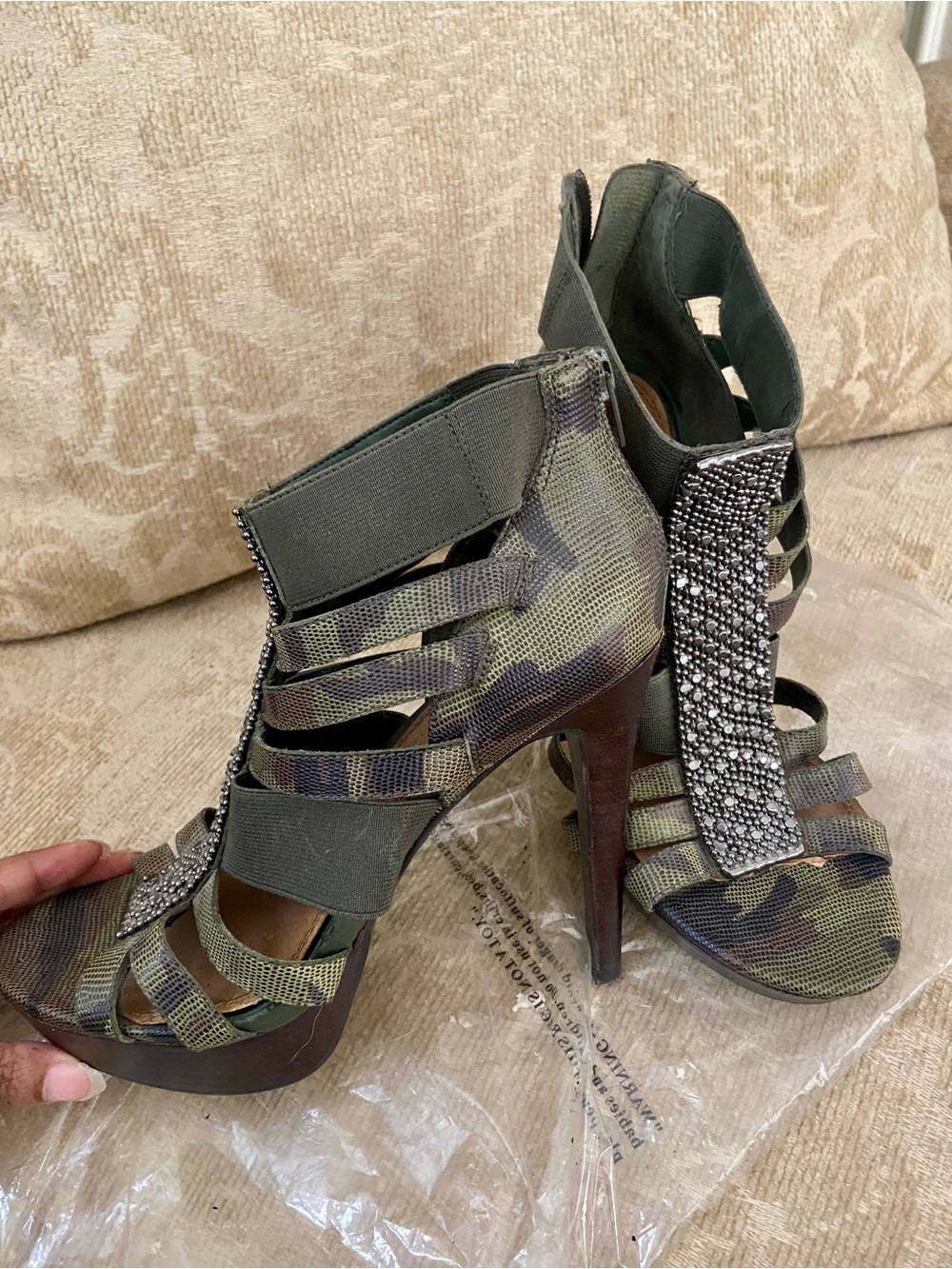 Gianni Bini Women's Camo Strappy High Heel Sandals with Embellished Front